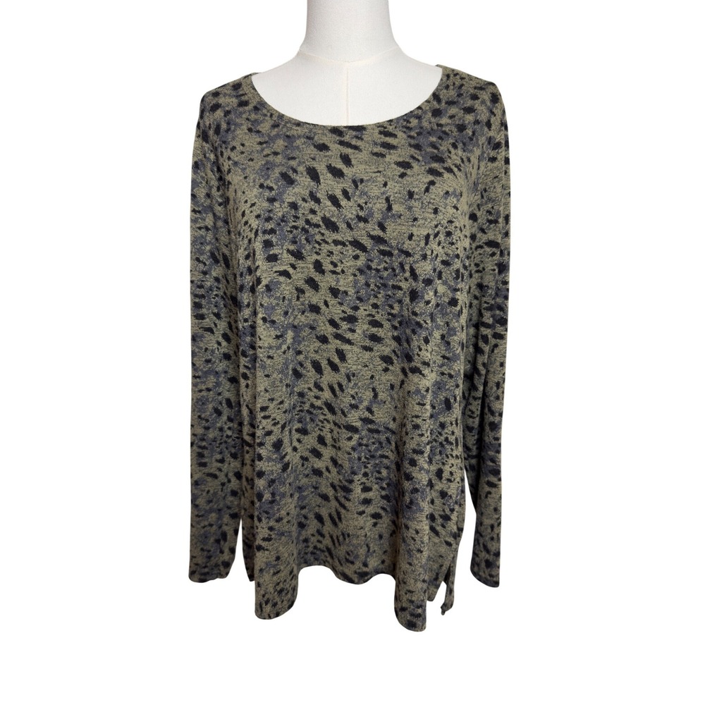 Cut Loose XL Top Olive Green Black Animal Print Fluid Knit Tunic Made in USA EUC